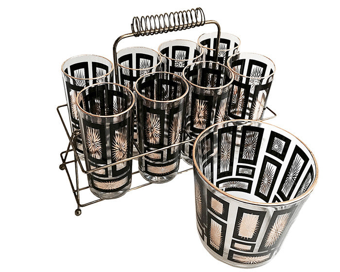 Black and Gold Vintage Highball Glasses, Carrier and Ice Bucket
